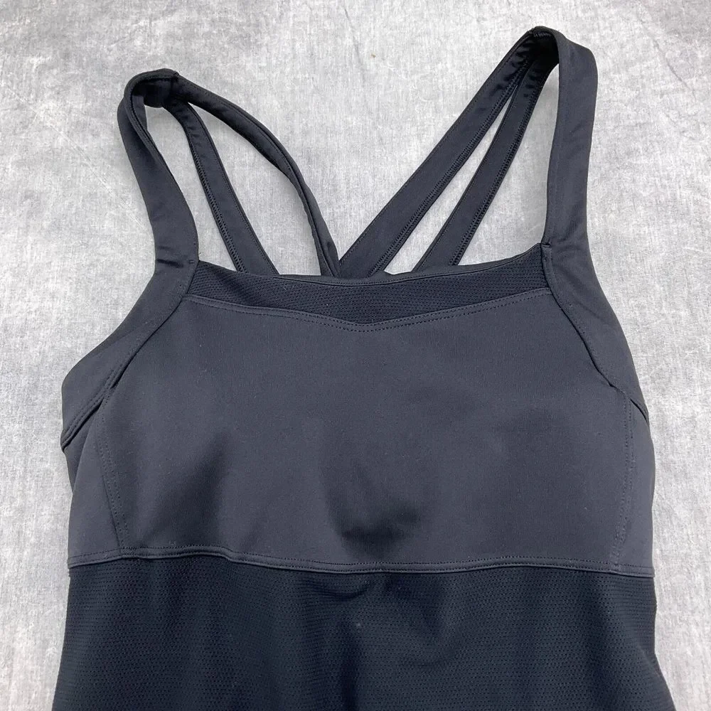 Athleta Tankini Top Women Medium Black Blouson Mesh Double Cross Pads Bra Swim‎